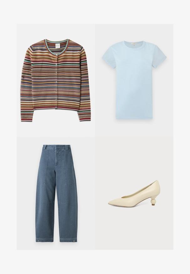 Cardigan rayé avec un col rond, présentant des rayures horizontales multicolores en rouge, brun, bleu-vert et jaune, et cinq boutons à l'avant.; rag & bone T-shirt basique - raindrop; Pantalons en denim à jambes larges dans une teinte bleu clair, présentant une surface texturée, deux poches avant et des coutures robustes à l'ourlet.; Chaussure femme couleur crème à bout pointu avec un petit talon rond en forme de boule, sur fond uni.