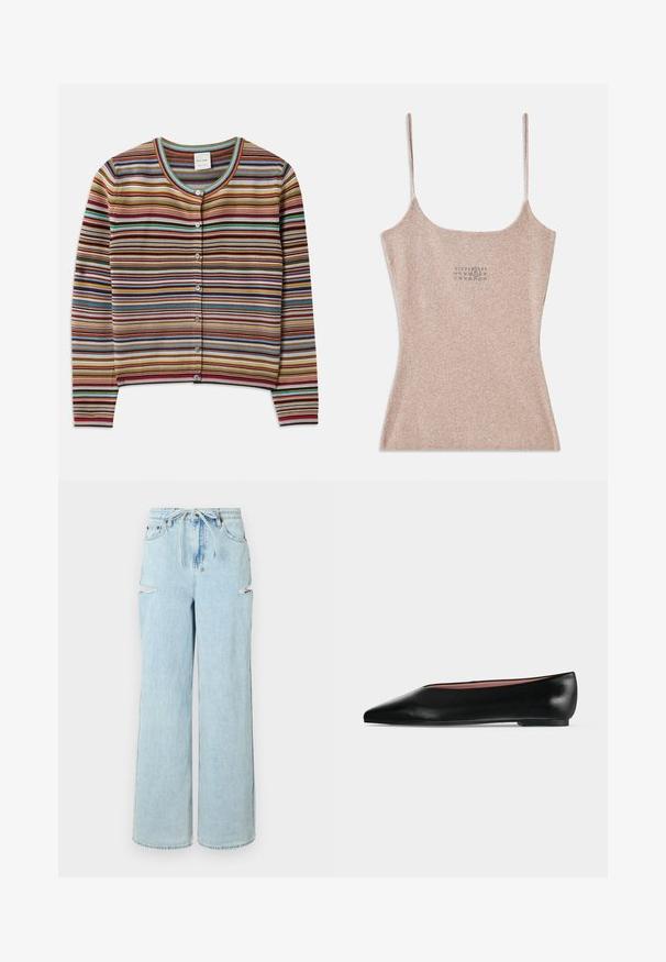 Cardigan rayé avec un col rond, présentant des rayures horizontales multicolores en rouge, brun, bleu-vert et jaune, et cinq boutons à l'avant.; Débardeur beige à côtes avec des fines bretelles réglables. Il présente un décolleté carré et un petit motif imprimé près du centre.; Jean large en denim bleu clair avec une taille à cordon, comportant deux déchirures aux genoux et un ourlet propre. Texture douce avec une coupe décontractée.; Chaussure plate en cuir noir pour femme, avec bout pointu et petit talon, vue de côté sur un fond gris clair uni.