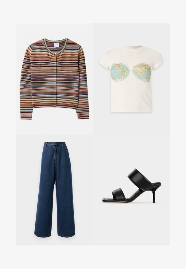 Cardigan rayé avec un col rond, présentant des rayures horizontales multicolores en rouge, brun, bleu-vert et jaune, et cinq boutons à l'avant.; T-shirt blanc à manches courtes avec deux impressions de cartes du monde de style vintage placées sur la poitrine.; Jean taille haute à jambes larges en denim bleu foncé avec fermeture à bouton et à zip à l'avant, passants de ceinture et poches latérales.; Sandale mule en cuir noir avec deux larges brides et un talon stiletto fin de hauteur moyenne sur un fond clair uni.