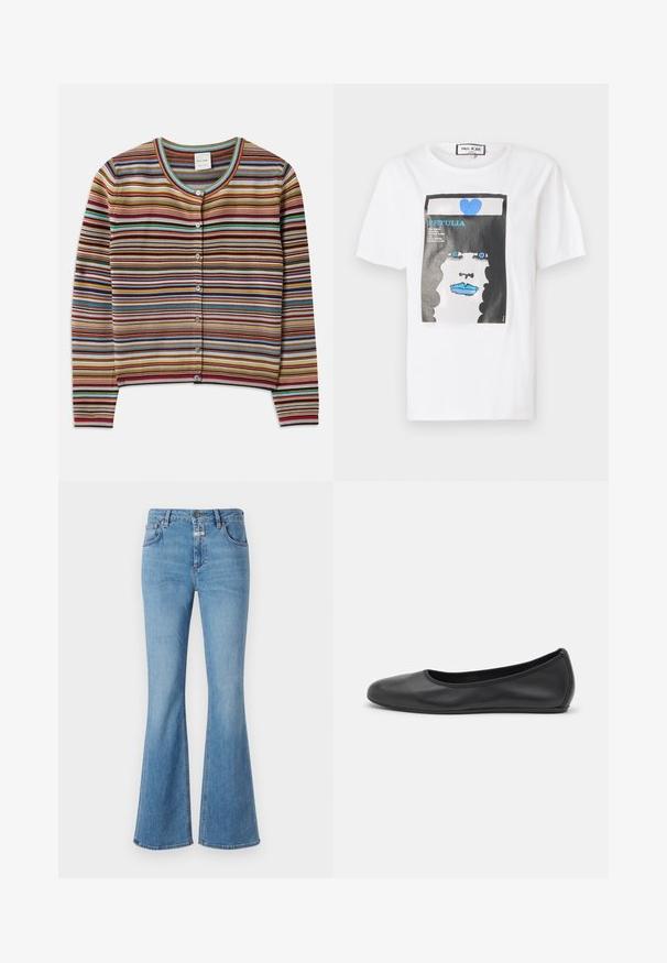 Gestreifter Cardigan mit Rundhalsausschnitt, der mehrfarbige horizontale Streifen in Rot, Braun, Teal und Gelb aufweist, sowie fünf vordere Knöpfe.; Weißes Baumwoll-T-Shirt mit einem grafischen Druck eines Gesichts mit blauen Lippen und Augen, umrahmt von einem schwarzen Rand und einem blauen Herzdetail.; CLOSED JOVANNA - Jeans Bootcut - light blue; Schwarze Leder-Ballettschuhe mit abgerundeter Spitze, glatter Textur, minimalen Nähdetails und einem flexiblen Sohlen-Design.