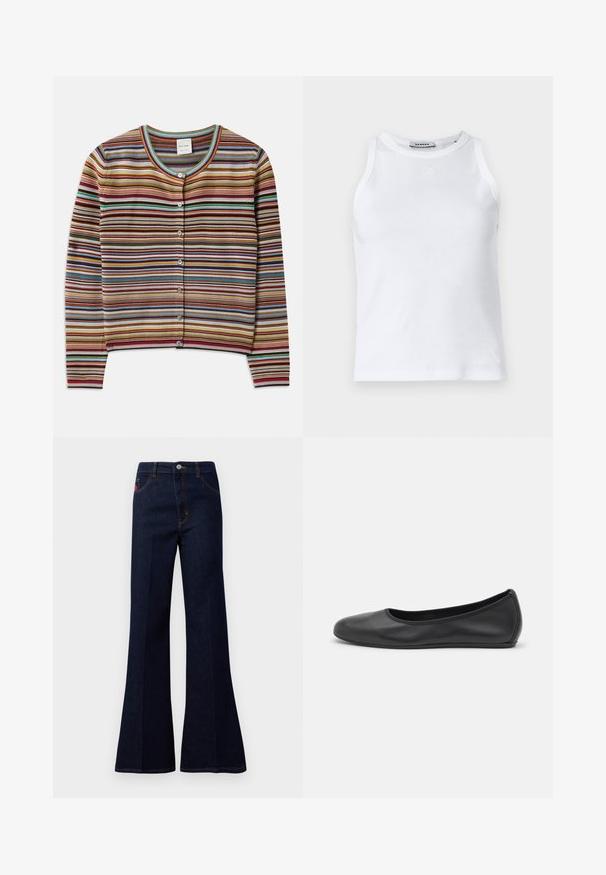 Cárdigan a rayas con cuello redondo, que presenta rayas horizontales multicolores en rojo, marrón, azul verdoso y amarillo, y cinco botones en la parte delantera.; Camiseta de tirantes blanca con cuello redondeado, diseño sin mangas y un pequeño logo en la parte frontal. Textura suave y forma ajustada.; Jeans acampanados de tiro alto en azul oscuro con botón frontal, cremallera, bolsillos laterales y traseros, y costuras en contraste.; Bailarina de piel negra con punta redondeada, textura suave, detalle de costura minimalista y diseño de suela flexible.