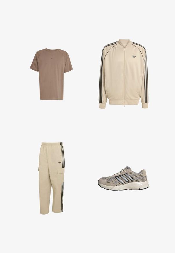 Beige Zip-Jacke mit schwarzen Akzenten, ausgestattet mit zwei Seitentaschen, gerippten Bündchen und drei schwarzen Streifen entlang der Ärmel.; adidas Originals TEE - T-Shirt basic - earth strata; Beige Cargohose mit elastischem Bund, seitlichen Taschen und schwarzen vertikalen Streifen. Mit einem Adidas-Logo auf der Vorderseite.; Beige-grauer Mesh-Laufschuh mit schwarzem und silbernem Streifendesign, weißen Schnürsenkeln und gepolsterter Sohle mit der Beschriftung "Cloudfoam."