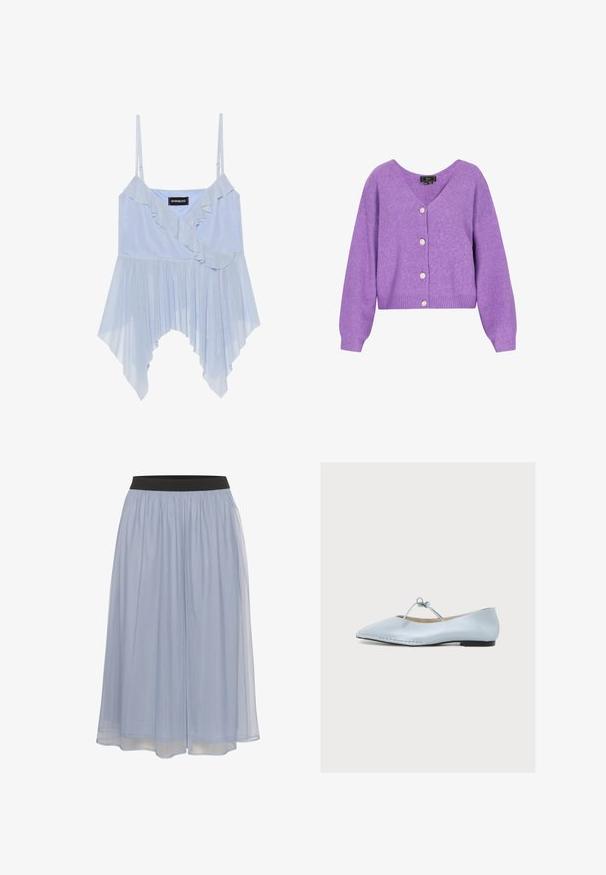 Paarse cropped cardigan gemaakt van zachte gebreide stof met een V-hals, lange mouwen en vijf parelachtige knopen aan de voorkant.; Even&Odd Top - sky blue; Lichtblauwe, knielange rok gemaakt van transparante stof. Zwarte elastische tailleband. Vloeiende uitvoering met een zachte textuur en een soepele drape.; Lichtblauwe leren ballerina met puntige neus, dunne zool en een gestrikte strikband over de bovenkant tegen een effen witte achtergrond.