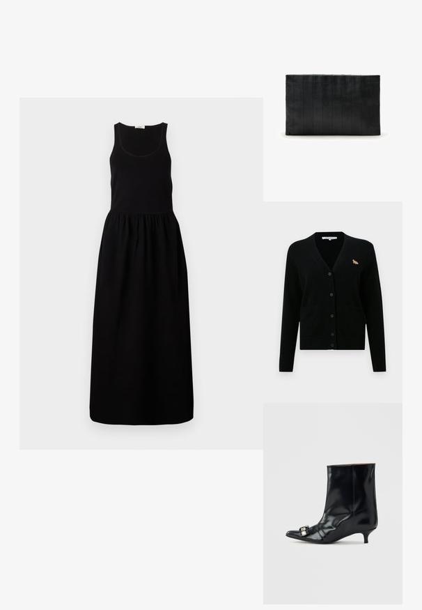 Zwarte cardigan van zacht materiaal, met een v-hals, knoopsluiting, twee voorzakken en een klein geborduurd vosje op de borst.; Zwart mouwloos maxi-jurk met een aansluitend lijfje, gathered taille en een vloeiende rok. Gemaakt van een zachte stof met een gladde textuur.; Zwarte leren enkellaars met een spits toelopende neus, lage kittenhak en een decoratieve zilveren gesp aan de zijkant bij de neus.; Zwarte leren clutch met een platte rechthoekige vorm, voorzien van horizontale geribbelde details en een gladde textuur.