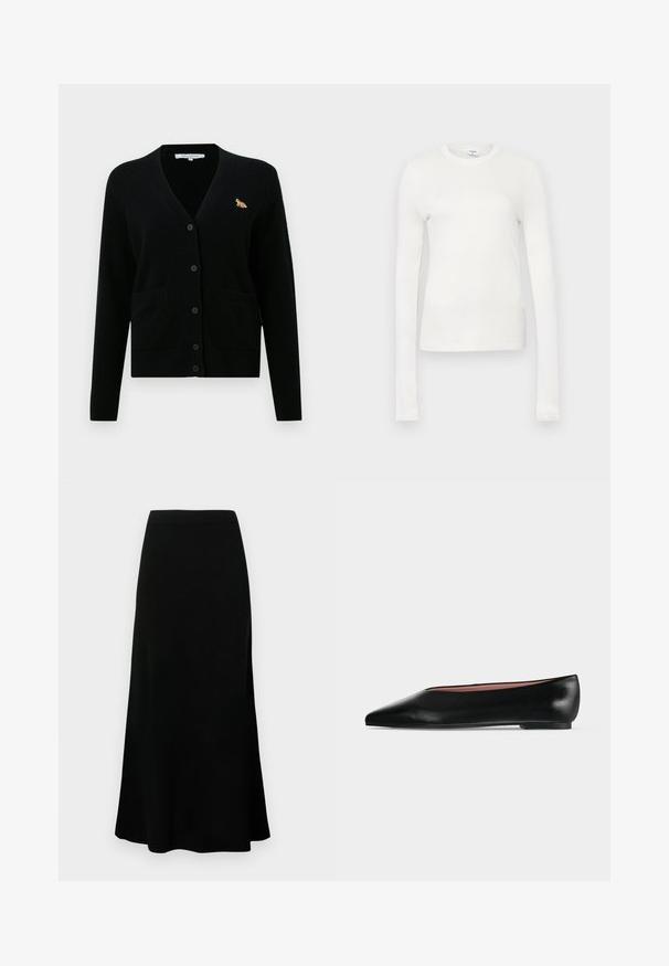 Cardigan noir en matériau doux, avec un décolleté en V, une fermeture à boutons, deux poches avant et un petit détail brodé de renard sur la poitrine.; T-shirt à manches longues blanc en coton doux. Il présente un col rond, une silhouette ajustée et une texture lisse. Pas de motifs ni d'accents.; Jupe noire midi avec une taille ajustée, ourlet évasé, texture lisse, et sans motifs ni accents visibles.; Chaussure plate en cuir noir pour femme, avec bout pointu et petit talon, vue de côté sur un fond gris clair uni.