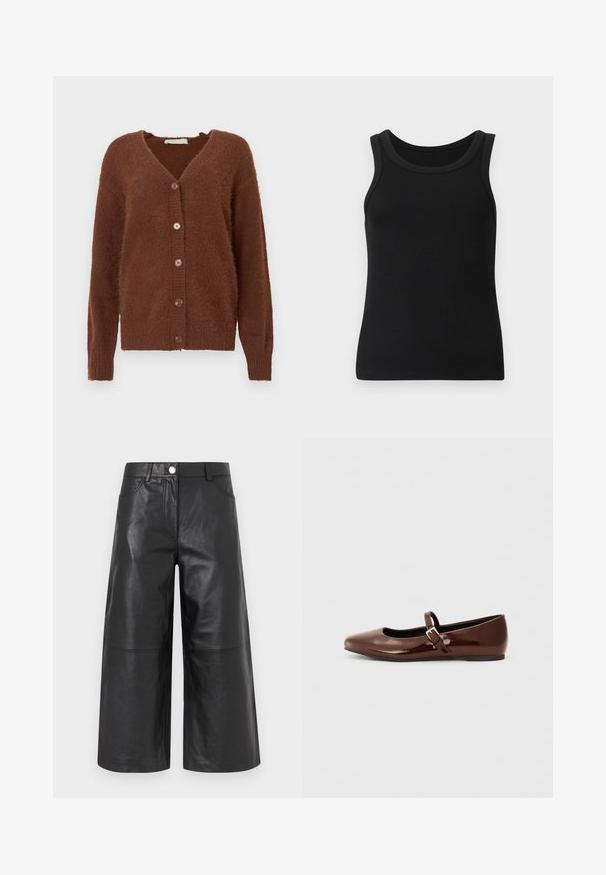 Brun, tekstureret cardigan med V-hals, lange ærmer og seks brune knapper fortil. Blødt, hyggeligt stof med ribbestrikket nederste kant og manchetter.; Sort ribstrikket ærmeløs tanktop med rund halsudskæring, enkelt design, vist på en ensartet lys baggrund.; Sorte læderculotter med vidt ben, fremhævede forlommer, knaplukning og en glat, blank tekstur.; Brun patentlæder balletflade med firkantet tå og strop med en lille guldbuckle. Glat tekstur, lav hæl og minimalistisk design.