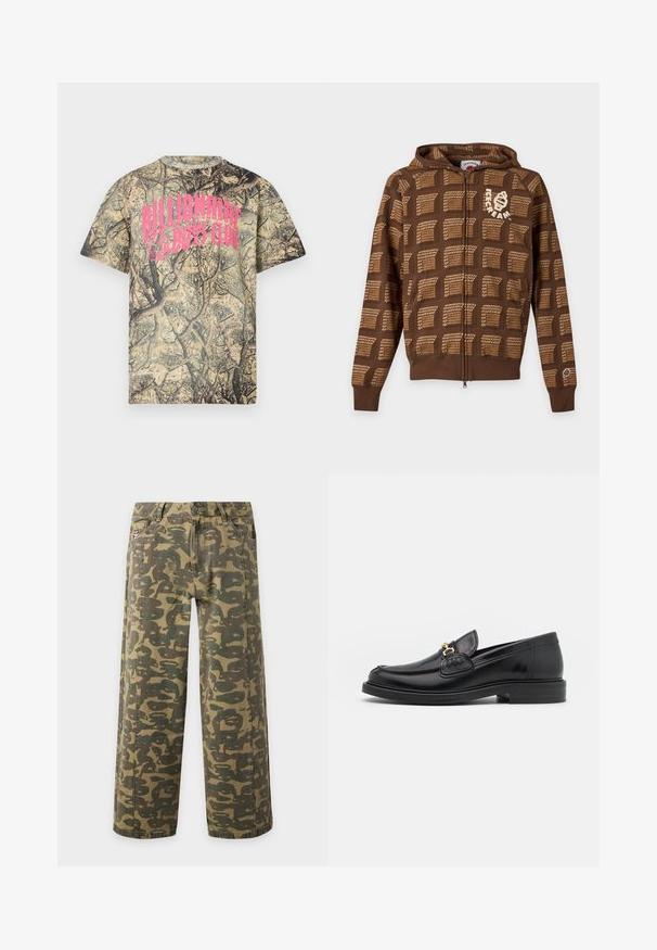 Καφέ φούτερ με φερμουάρ με ανοιχτό καφέ καρό σχέδιο, κουκούλα, μπροστινές τσέπες και λευκό λογότυπο στο στήθος και τη μανσέτα του αριστερού μανικιού.; Βαμβακερό μπλουζάκι με σχέδιο καμουφλάζ σε γήινες αποχρώσεις, με μεγάλο ροζ κείμενο "Billionaire Boys Club" στη μέση.; Παντελόνια με φαρδύ πόδι σε πράσινο και καφέ καμουφλάζ σχέδιο, με θηλιές για ζώνη και πλαϊνές τσέπες, εμφανιζόμενα σε απλό φωτεινό φόντο.; Μαύρες δερμάτινες loafers με στρογγυλή μύτη, διακοσμημένες με χρυσά αξεσουάρ και λεπτομέρειες ραφής, τοποθετημένες σε χαμηλή, υφασμάτινη ελαστική σόλα.