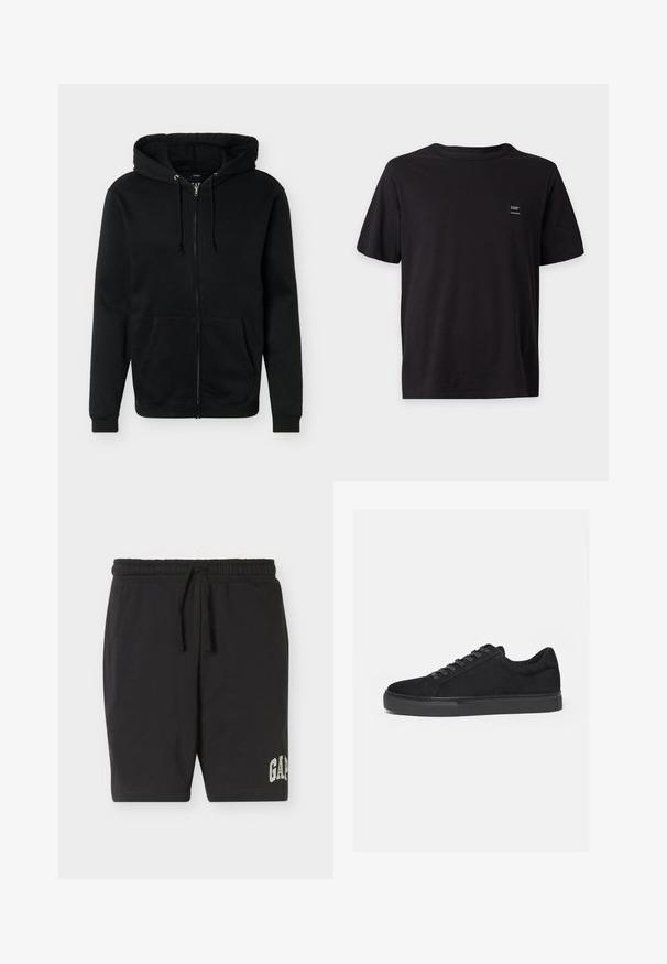 Sweat à capuche noir zippé avec poches avant et capuche ajustable avec cordon, affiché sur un fond blanc uni.; T-shirt noir à manches courtes avec col rond et un petit patch rectangulaire sur la partie supérieure gauche de la poitrine.; Shorts noirs à taille élastique avec un cordon de serrage et le logo "GAP" imprimé près de l'ourlet gauche, présentés sur un fond uni clair.; Baskets basses noires avec fermeture à lacets à l'avant et semelle en caoutchouc plate, vues de profil sur fond blanc.
