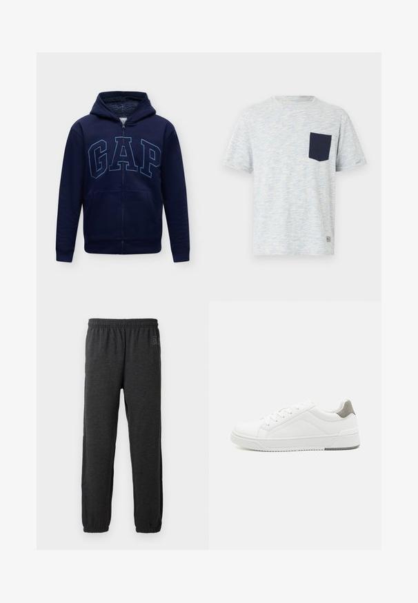 Sudadera con capucha azul marino con cremallera, forro interior suave, bolsillos delanteros y grandes letras "GAP" en el pecho.; Camiseta gris claro de manga corta con sutiles salpicaduras azules y un bolsillo en el pecho de color azul marino sólido en el lado izquierdo.; Pantalones de chándal grises hechos de una tela suave, con una cinturilla elástica y piernas ajustadas con puños elásticos. Detalle sutil del logo en una pierna.; Zapatilla blanca con material de cuero liso, punta redonda, diseño minimalista, acento gris en el talón y suela de goma texturizada.