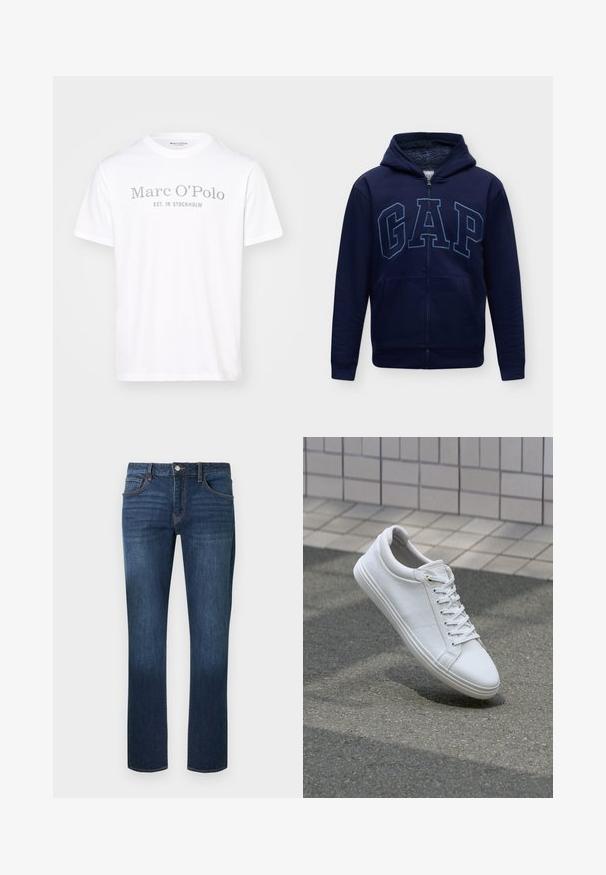 Marineblauwe hoodie met rits, capuchon, zachte voering, voorzakken en grote "GAP" letters op de borst.; Witte katoenen T-shirt met een ronde hals, korte mouwen en grijze opdruk met de tekst "Marc O'Polo EST. IN STOCKHOLM."; Donkerblauwe spijkerbroek met rechte pijpen, een ontwerp met vijf zakken en een knoopsluiting aan de voorkant, met subtiele vervaging op de dijen.; Witte sneakers met een getextureerd leren bovenwerk, vlakke veters en een gladde rubberen zool. Licht gebogen neus en minimalistisch ontwerp.