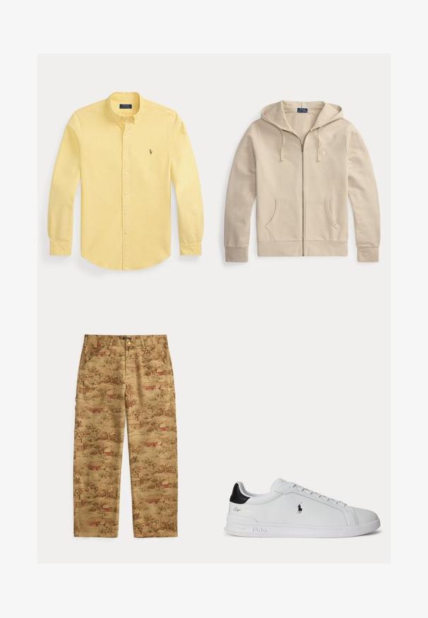 Beige lynlåstrøje med frontlommer og snøre i hætten, med Polo Ralph Lauren-mærke og broderet logo på brystet.; Langærmet gul skjorte med knapper og krave samt lille broderet logo på venstre bryst, lagt fladt på hvid baggrund.; Beige bukser med brun og rød landlig landsby- og træmønster, forlommer, bæltestropper og knaplukning.; Hvid lavtop sneaker med sort hælfane, snørebånd og Polo Ralph Lauren-logo på siden, med præget såldetaljer.