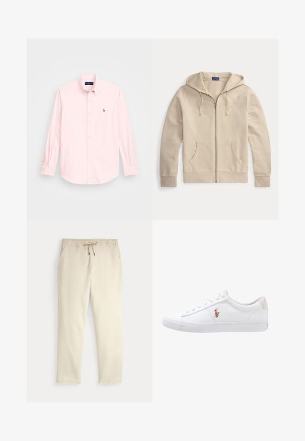 Beezipiga kapuutsiga pusa ees taskute ja nööriga kapuuts, mis kannab Polo Ralph Laureni sildiga rinnal tikitud logo.; Heledroosa pikka varrukaga särk nööpidega kraega, millel on vasakul rinnal väike broderi logoga embleem, valmistatud siledast puuvillasegust.; Kreemjatavad vabaaja püksid elastse vöökoha ja tõmbluku, sirgete jalgade ja küljetaskutega tavalise tausta ees.; Valge kanvasest tennis, madala lõikega disain, millel on beež kontsapink ja väike tikitud logo küljel. Kummi välissole.
