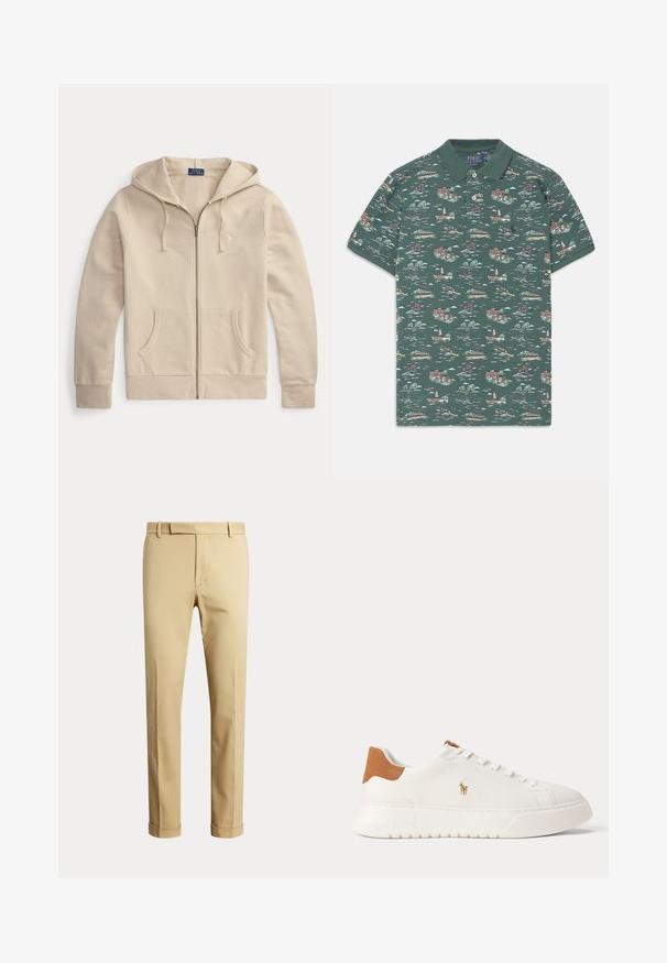 Beige lynlåstrøje med frontlommer og snøre i hætten, med Polo Ralph Lauren-mærke og broderet logo på brystet.; Kortærmet polo i mørkegrøn bomuld med et scenisk print af huse, både og træer; har en tre-knaps placket og en ribbet krave.; Beige bukser med lige ben, bæltestropper, frontlynlås og opbukket kant, vist mod en ensartet lys baggrund.; Hvid lavtop sneaker med tan hælfane, hvide snørebånd og lille broderet polo-spiller logo på siden over en tyk sål.