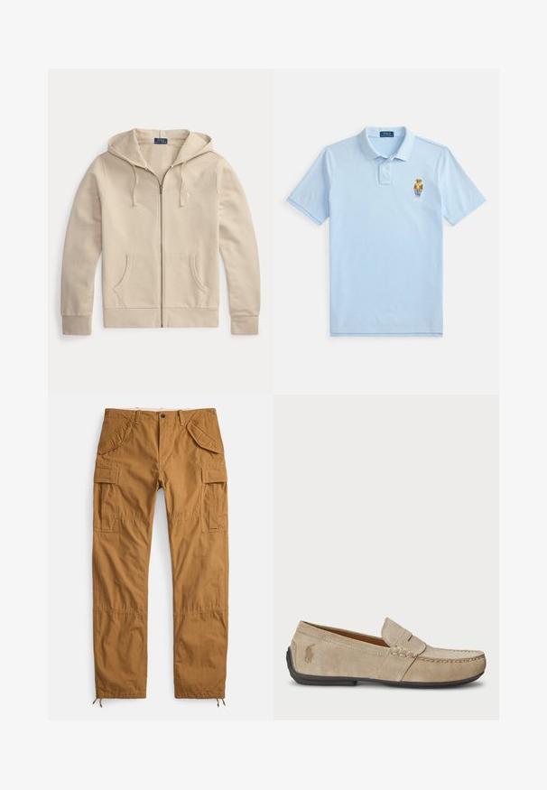Béžová mikina na zips s prednými vreckami a kapucňou so sťahovacou šnúrkou, so štítkom Polo Ralph Lauren a vyšívaným logom na hrudi.; Svetlomodré polo tričko s krátkymi rukávmi, dvoma gombíkmi a vyšívaným medvedíkom v ležérnom oblečení na ľavej strane hrudníka.; Béžové nohavice typu cargo z bavlny, ktoré majú viacero vreciek, voľný strih a šnúrky na koncoch nohavíc pre nastaviteľnú dĺžku.; Béžové semišové mokasíny s prešívaním, plochou gumenou podrážkou a malým logom na strane. Klasický dizajn na obúvanie, mäkká textúra.