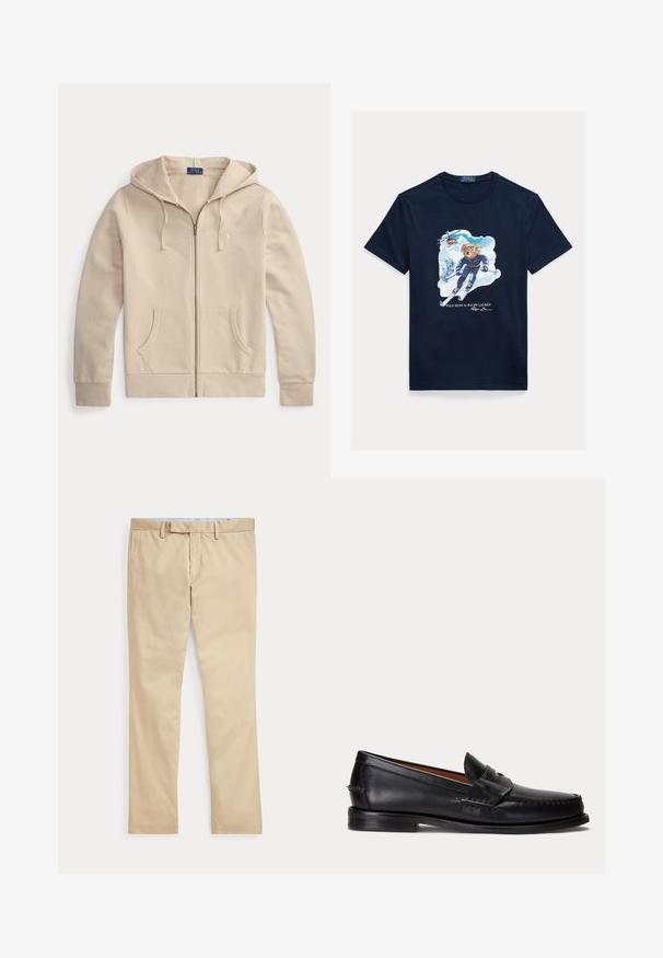 Beige hoodie met rits, voorzakken en trekkoord in de capuchon, met Polo Ralph Lauren-label en geborduurd logo op de borst.; Marineblauw katoenen T-shirt met een afbeelding van een beer die skiet, een skibril draagt, met een helikopter erboven en besneeuwde bergen op de achtergrond.; Beige broek met rechte pijpen, ceintuurlussen en een voorrits, plat gelegd tegen een witte achtergrond.; Zwarte leren loafer met lage hak en penny-strap detail, van opzij getoond op een lichtgrijze achtergrond.