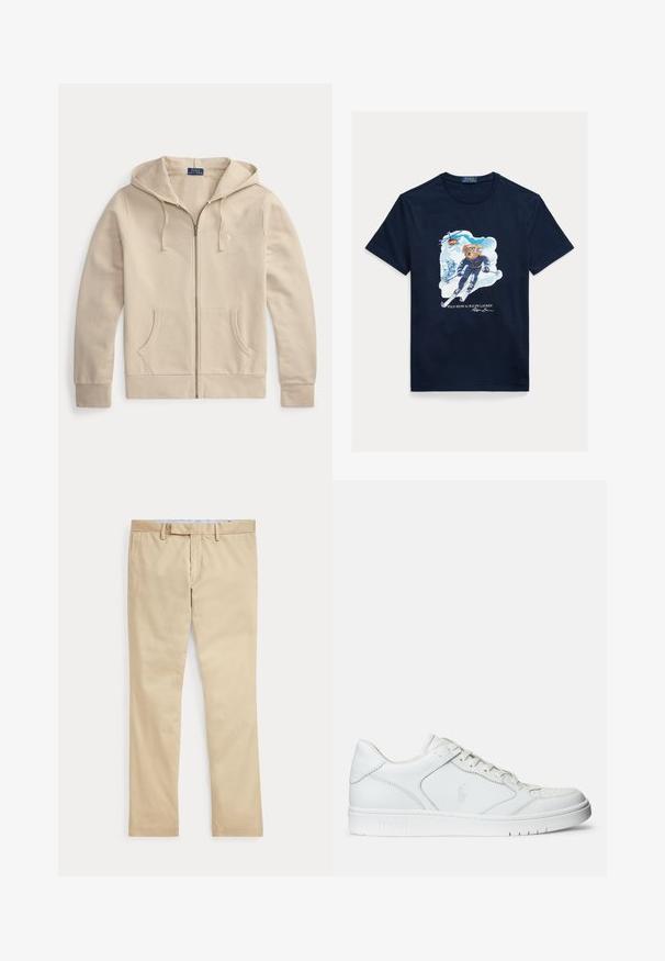 Béžová mikina na zips s prednými vreckami a kapucňou so sťahovacou šnúrkou, so štítkom Polo Ralph Lauren a vyšívaným logom na hrudi.; Tmavomodré bavlnené tričko s grafikou medveďa na lyžiach, ktorý má na očiach okuliare, s vrtuľníkom nad ním a zasneženými horami v pozadí.; Béžové nohavice s rovnými nohavicami, s pútkami na opasok a predným zipsom, položené na bielom pozadí.; Biele kožené tenisky s hladkým povrchom, obsahujúce perforovanú špičku, šnúrkové uzatvorenie a vyšívané logo na boku. Biela gumová podrážka.