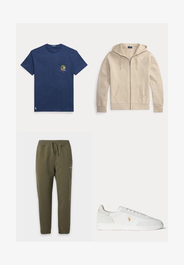 Sudadera beige con cremallera, bolsillos delanteros y capucha con cordón, con etiqueta de Polo Ralph Lauren y logo bordado en el pecho.; Camiseta azul marino de manga corta con un pequeño bolsillo en el pecho que presenta un bordado de palmera tropical y barco, y un logo Polo cerca del dobladillo.; Pantalones jogger verde oliva con cintura y puños elásticos, cordón ajustable y pequeño logo blanco en la parte superior del muslo.; Zapatilla blanca de caña baja con diseño de cordones, logo dorado de Polo Ralph Lauren en el lateral y suela texturizada sobre un fondo liso.