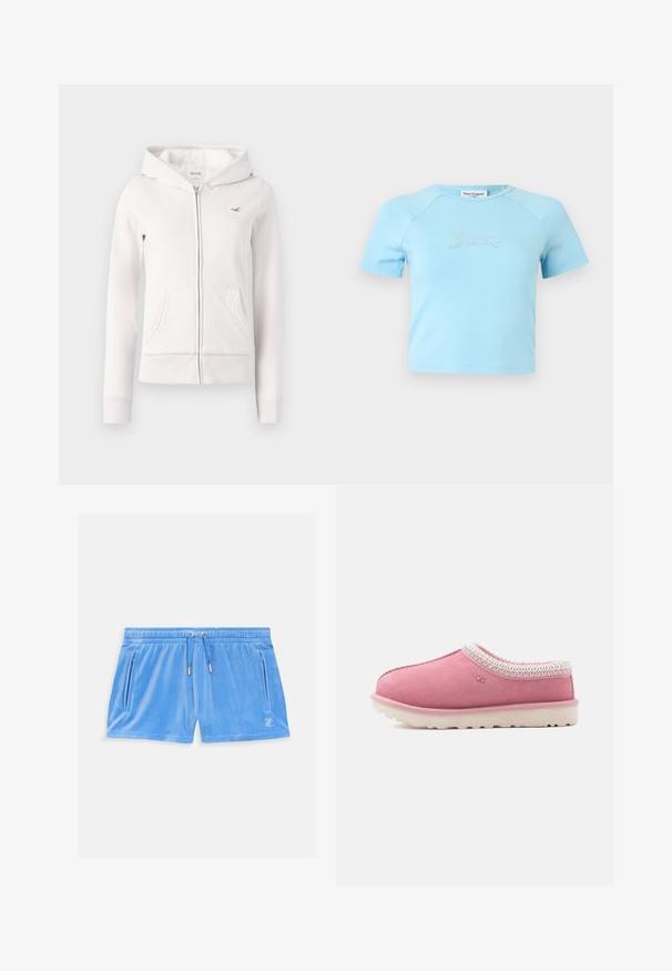 Hellrosa Kapuzenpullover mit Reißverschluss, weichem Fleece-Innenfutter, zwei Fronttaschen und gesticktem Logo. Verfügt über gerippte Bündchen und Saum.; Hellblaues Crop-Top mit kurzen Ärmeln und rundem Ausschnitt, mit „Juicy“ in Strasssteinen zentriert auf der Brust.; Himmelblaue Velours-Shorts mit einem elastischen Bund, Kordelzug und zwei seitlichen Reißverschlusstaschen. Mit einem kleinen gestickten Logo auf dem Oberschenkel.; Das rosa UGG-Pantoffel verfügt über ein Wildledermaterial, eine abgerundete Form, weiße gestickte Akzente und eine hellfarbene Gummisohle mit strukturiertem Grip.