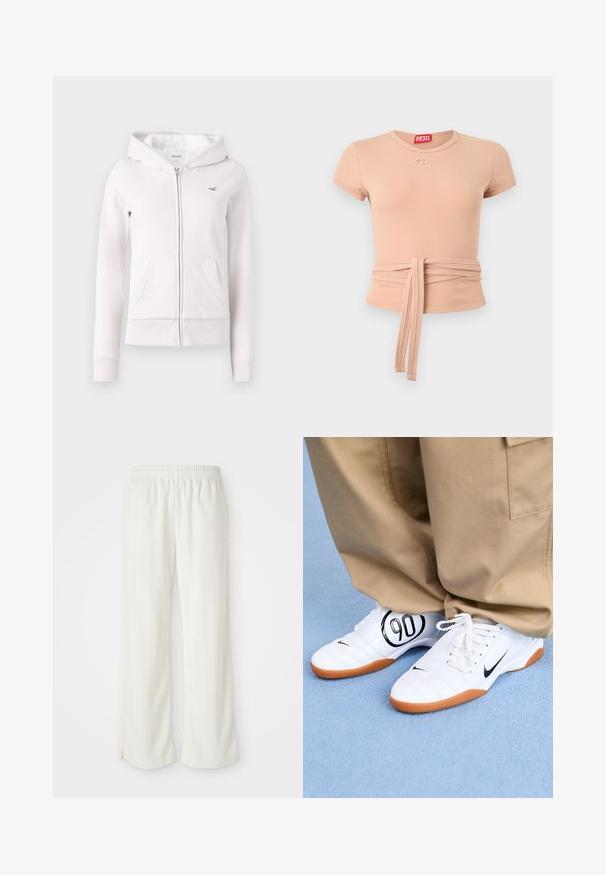 Lyserød hættetrøje med lynlås, blød, fleeceforet inderside, to forlommer og broderet logo. Har ribbede ærmeender og kant.; Beige ribbet kortærmet top med rund hals, omslagsbælte og lille Diesel-logo nær halsudskæringen foran.; Cremefarvede bukser med bred ben-design, lavet af letvægtsmateriale, med lodrette striber og en elastisk talje.; Hvide atletiske sko med et quiltet design, sort Nike swoosh og et fremtrædende sort "90" grafisk motiv på siden, parret med khaki bukser.