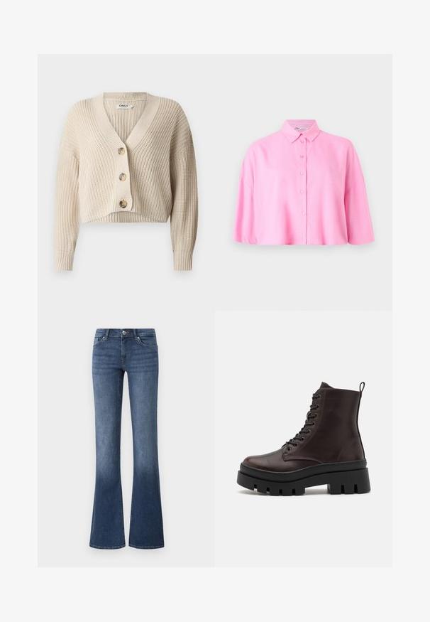 Beige cropped cardigan med V-hals, ribbet tekstur, lange ærmer og fire store knapper foran. Lavet af strikket stof.; Lyserød kortærmet skjorte med knaplukning og spids krave i en afslappet pasform. Fremstillet af letvægtsstof med en glat overflade.; Flared blå jeans lavet af denim, med en mellem vasket farve, fem lommer og en lynlås med knaplukning. Glat tekstur.; Brune læder ankelstøvler med en rund tå, sort kraftig sål og snørredetaljer. Har en bageste løkke for nem påtagning.