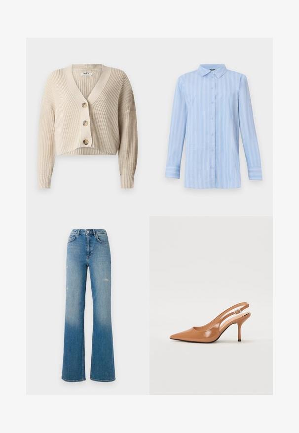 Beige cropped cardigan med V-hals, ribbet tekstur, lange ærmer og fire store knapper foran. Lavet af strikket stof.; Lys blå langærmet skjorte med knapper og hvide lodrette striber samt spids krave, vist på en ensfarvet baggrund.; Højtaljede blå denimjeans med let slid på lårerne, fem-lomme stil og en flared ben design.; Spids tå slingback hæl i et glat, blankt tan materiale. Har et buet udskæring design og en slank stiletto hæl. Sølv spænde detalje.