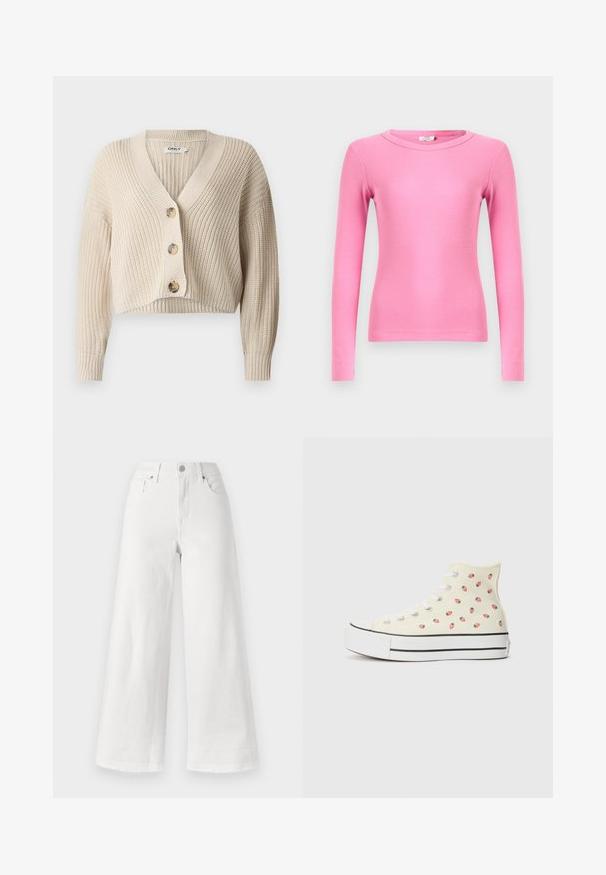Beige cropped cardigan med V-hals, ribbet tekstur, lange ærmer og fire store knapper foran. Lavet af strikket stof.; Langærmet tætsiddende top i levende pink ribstrikket stof med rund halsudskæring og sømløse manchetter for en glat finish.; Hvide vidde bukser lavet af denim, med høj talje, fire lommer og rå kant i bunden for tekstur.; Høje sneakers lavet af gul lærred, med et mønster af små røde jordbær, hvide snørebånd og en hvid sål med sorte striber.