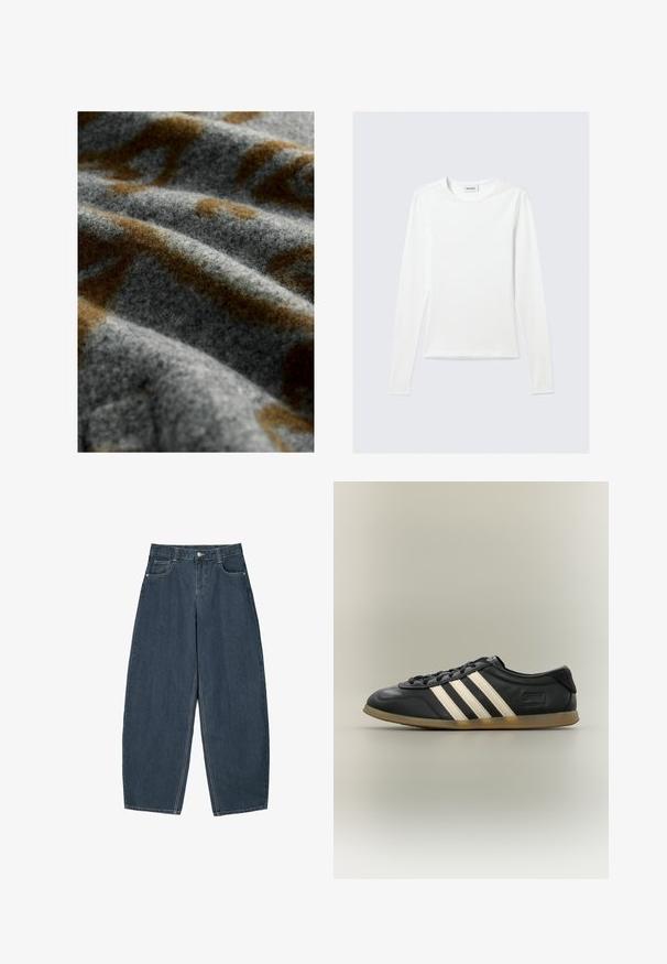 Grau gestrickter Stoff mit weicher Textur, der braune abstrakte Muster aufweist, die in die Oberfläche integriert sind und ein zurückhaltendes, aber deutliches Design schaffen.; Langärmliges, schlichtes weißes Rundhals-Shirt mit schlanker Passform, dargestellt vor einem hellgrauen Hintergrund.; Dunkelblaue Denim-Hosenträger mit weitem Bein und hoher Taille, ausgestattet mit fünf Taschen und sichtbaren Nähdetails. Sauberes, minimalistisches Design.; Schwarzer Adidas Gazelle Sneaker mit weißen Streifen, schwarzen Schnürsenkeln und hellbrauner Sohle, seitlich auf neutralem Hintergrund gezeigt.
