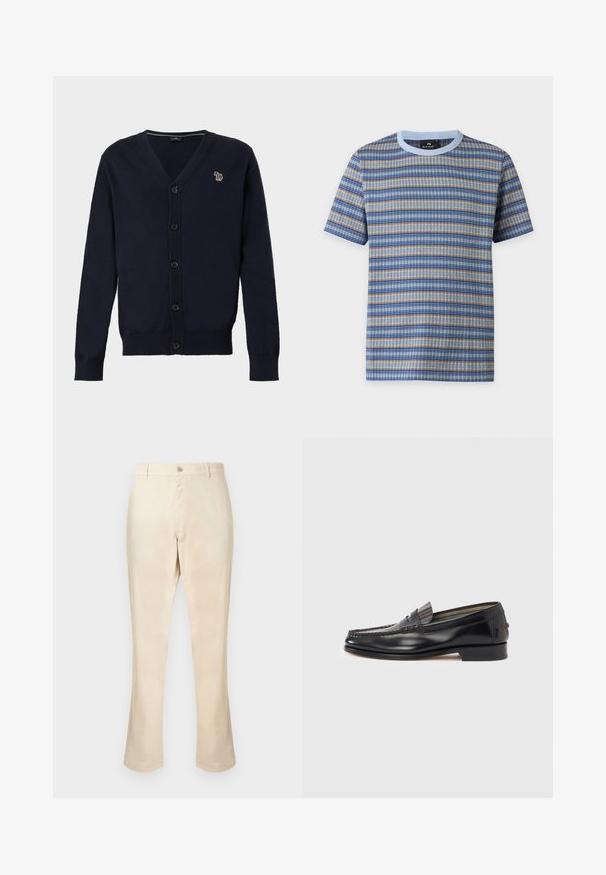 Cardigan bleu marine boutonné, à manches longues, avec un petit logo zèbre multicolore brodé sur la poitrine gauche.; T-shirt à manches courtes avec col rond, motif tricoté à rayures horizontales bleu, beige et gris et col bleu clair.; Pantalon beige en tissu lisse, présentant une coupe droite, une fermeture à boutons sur le devant, sans motifs ni accents visibles.; Mocassins en cuir noir avec un design de style mocassin, présentant une bande décorative et un détail de couture sur le dessus. Talon bloc bas.