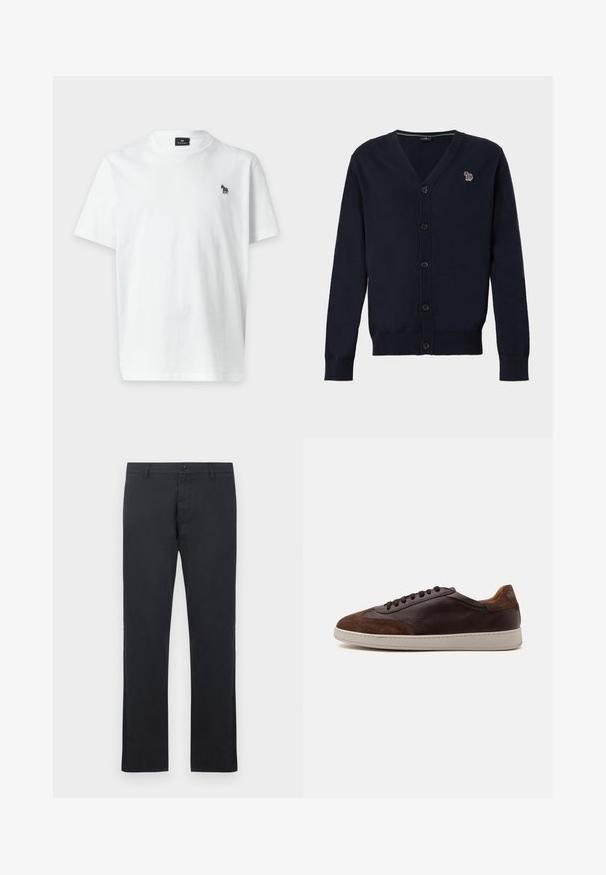Cardigan bleu marine boutonné, à manches longues, avec un petit logo zèbre multicolore brodé sur la poitrine gauche.; T-shirt blanc uni à manches courtes avec un petit logo zèbre multicolore sur le côté gauche de la poitrine et un col rond.; Pantalon droit noir pour homme avec passants de ceinture, fermeture à boutons et poches avant, présenté sur un fond blanc.; Basket basse en cuir et daim marron avec des lacets marron foncé et une semelle en caoutchouc blanche vue du côté extérieur.