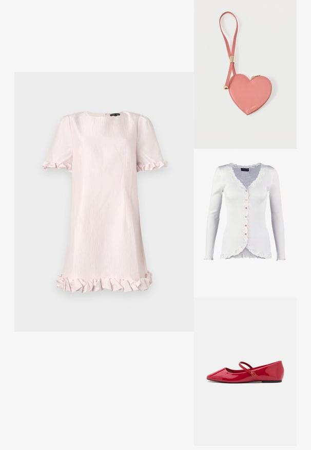 Cárdigan blanco acanalado con un borde de encaje con volantes, seis botones rosas en el frente y mangas largas. Tela texturizada con un diseño ajustado.; Vestido corto rosa con un tejido texturizado, mangas cortas abullonadas y dobladillo con volantes. Escote redondo sencillo con una cremallera oculta en la parte posterior.; Zapatillas tipo ballet de charol rojo con punta puntiaguda, correa en el tobillo y pequeño adorno redondo en la correa. Suela plana y textura suave.; Monedero de cuero rosa en forma de corazón con correa para la muñeca y cremallera dorada, con la marca "Furla" en pequeño texto dorado.