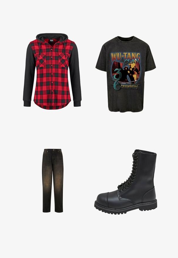 Rød og sort flannel skjorte med hætte, med et ternet mønster, to brystlommer og lange sorte ærmer. Knaplukning foran.; Sort bomulds t-shirt med et grafisk design med "Wu-Tang Clan" og "36 Chambers" i farverig tekst, omgivet af stiliserede billeder.; Mørk denim jeans med en let falmet finish, der har lige ben, fem lomme-design og metalknap lukning.; Sort læder kampstøvle med høj skaft, snørebånd foran, polstret krave og en robust tekstureret sål for godt greb. Har forstærket tåhætte.