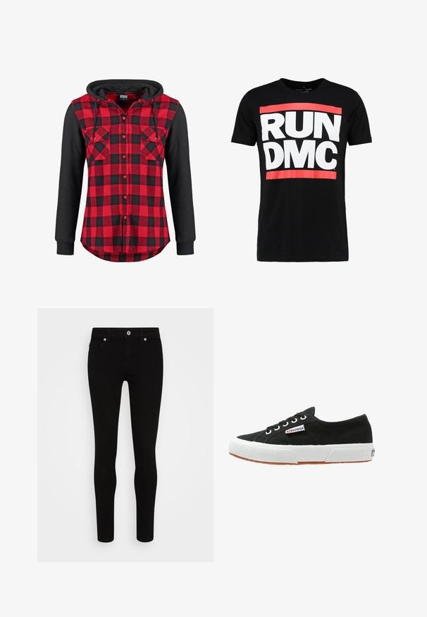 Chemise en flanelle rouge et noire avec une capuche, arborant un motif à carreaux, deux poches poitrine et de longues manches noires. Boutonnage à l'avant.; T-shirt en coton noir à manches courtes avec un texte blanc en gras "RUN DMC" et une boîte d'accent rouge en dessous du texte.; Jean skinny noir avec une texture lisse, conception à cinq poches, fermeture à bouton sur le devant et silhouette épurée. Style minimaliste sans motifs visibles.; Baskets en toile noires avec semelle en caoutchouc blanc et semelle extérieure en caoutchouc brun. Présente un bout rond, un design à lacets et une petite étiquette logo sur le côté.