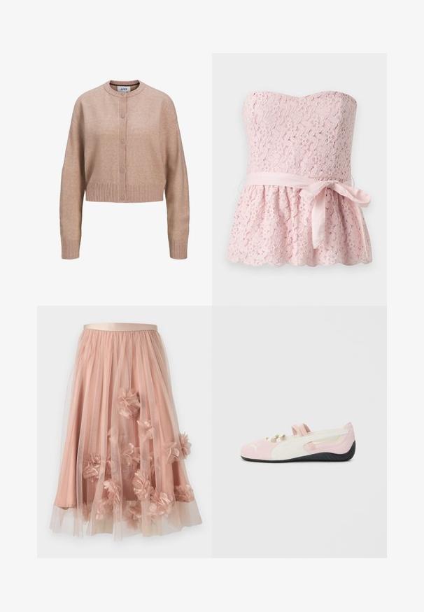 Beige cropped cardigan med lange ærmer, knaplukning foran, ribbede manchetter og kant samt en rund halsudskæring.; Stropfri bleg lyserød blondetop med blomsterprint og et matchende stofbælte bundet i en sløjfe i taljen, som går ud under bæltet.; Tylskørt i blød lyserød med satinbånd i taljen. Har lag af gennemsigtigt stof og tredimensionelle blomsterapplikationer over det hele.; Rosa ruskind slip-on sko med hvide detaljer, gummisål og elastiske stropper. Har et tekstureret design og et lille logo på fronten.