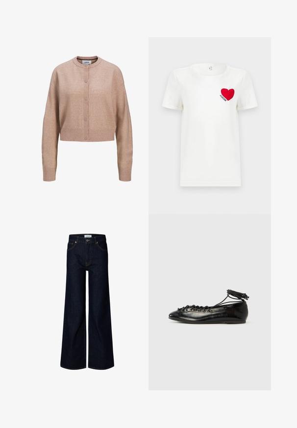 Beige cropped cardigan med lange ærmer, knaplukning foran, ribbede manchetter og kant samt en rund halsudskæring.; Hvid T-shirt med korte ærmer, prydet med et rødt hjerte og ordet "AMOUR" trykt på venstre bryst.; Mørkeblå bredbenede denimjeans med frontknap og lynlås, bæltestropper og frontlommer, vist på en hvid baggrund.; Sorte balletflade sko i laklæder med rundet tå, snørelukning og flad sål. Glat tekstur med få detaljer.