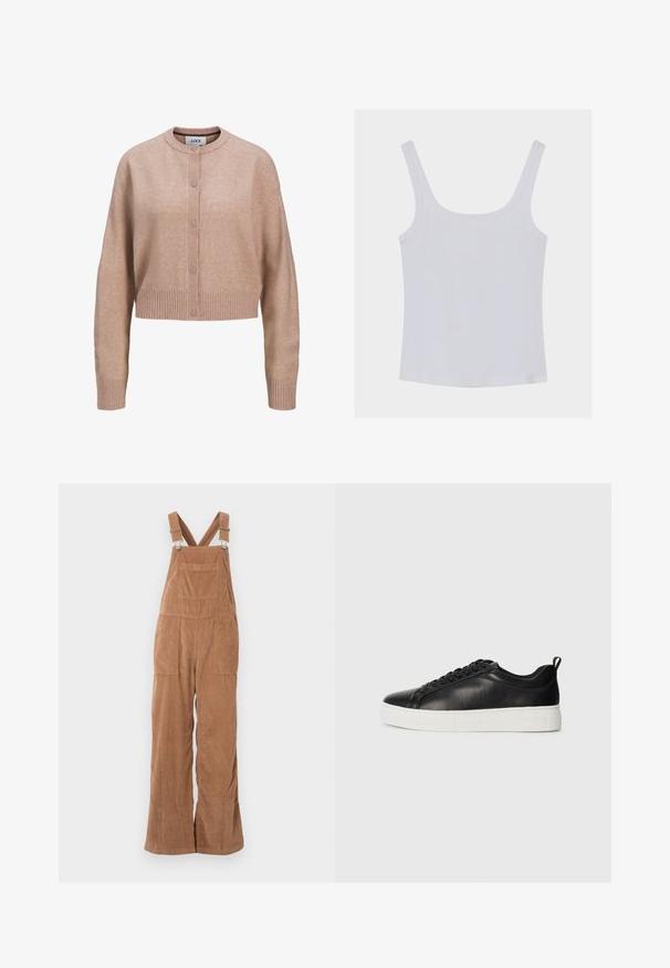 Beige kurz geschnittener Cardigan mit langen Ärmeln, durchgehender Knopfleiste, gerippten Bündchen und Saum sowie rundem Ausschnitt.; Weißes ärmelloses, geripptes Tanktop mit breiten Schulterträgern und quadratischem Ausschnitt, flach auf einem neutralen Hintergrund liegend.; Braune Corduroy-Latzhosen mit weitem Bein, verstellbaren Trägern und Vordertasche. Weiche Textur mit vertikalem Rippmuster.; Schwarze niedrige Leder-Sneaker mit schwarzen Schnürsenkeln und dicker weißer Gummisohle, von der Außenseite auf weißem Hintergrund betrachtet.