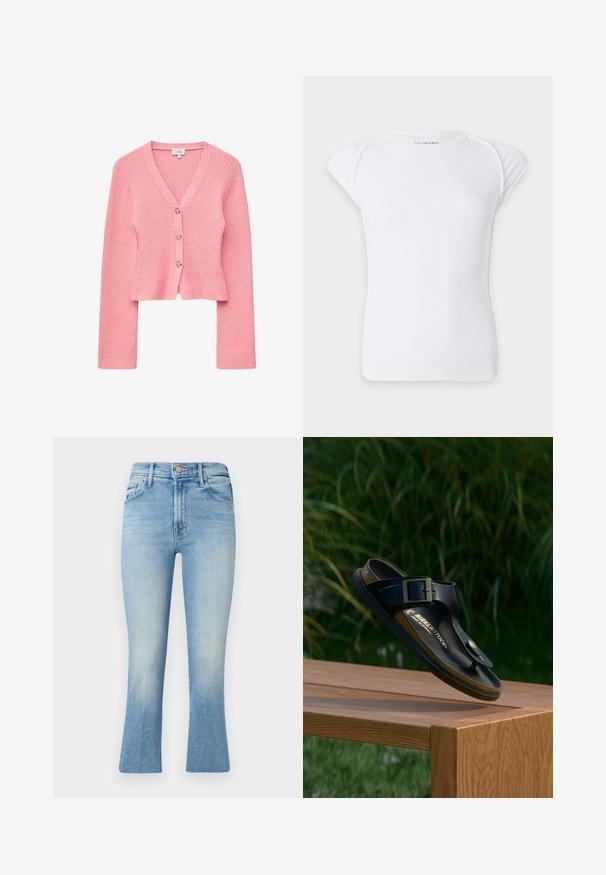 Lyserød ribstrikket cardigan med V-hals, tre knapper foran, lange ærmer og en let cropped pasform.; Hvid kortærmet ribstrikket t-shirt med rund halsudskæring og let hævede skuldre på en ensfarvet baggrund.; Lyseblå jeans med høj talje, flared ben-design og subtil falmning. Har klassiske lommer og metalknaplukning.; Sort Birkenstock-sandal med spænde, der hviler på et træbord udendørs med slørede grønne planter i baggrunden.
