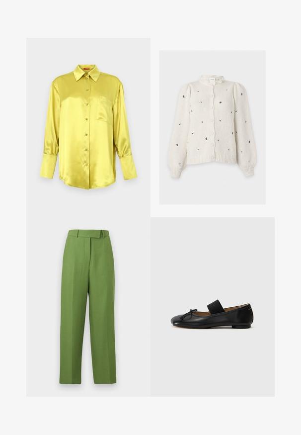 Cardigan blanc en maille à boutons avec petites broderies florales noires éparses et manches longues bouffantes.; Chemise boutonnée jaune satinée à manches longues, col classique, poche poitrine unique et détails à boutons sur le devant. Texture lisse.; Pantalon vert taille haute à jambes droites avec passants pour ceinture, fermeture éclair avant et large ceinture, présenté sur un fond blanc.; Ballerines en cuir noir avec un bout arrondi, un petit nœud décoratif et une lanière élastique sur le cou-de-pied pour un maintien sécurisé. Semelle plate.