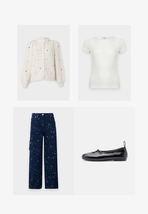 Witte gebreide cardigan met knopen, kleine verspreide zwarte bloemrijke borduurwerk en lange pofmouwen.; Effen witte aansluitende T-shirt met korte mouwen en ronde hals, getoond op een neutrale achtergrond.; Donkerblauwe denim cargo broek met een sterrenpatroon, wijde pijpen, voorzakken en een zijzak met knoopsluiting.; Zwarte gepoetste leren balletschoenen met een ronde neus, een klein strikje en een gladde textuur; heeft een lage platte zool en een lusje aan de hiel.