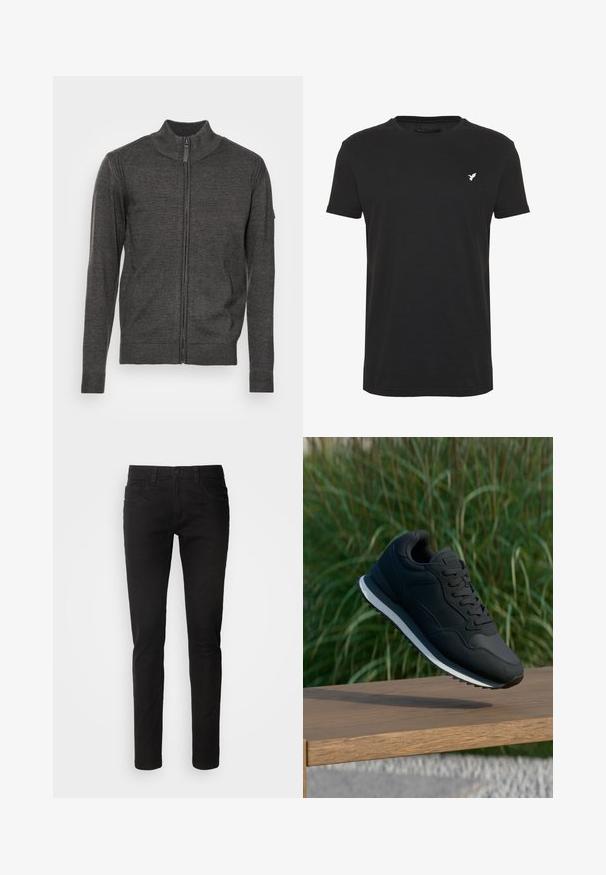 Grijze gebreide cardigan met ritssluiting, met ribbeltextuur, hoge kraag, lange mouwen en zijzakken. Voorzien van een rits aan de voorkant voor sluiting.; Zwart T-shirt met korte mouwen van katoen, met een ronde hals en een klein wit vogellogo op de linkerkant van de borst.; Zwarte denim jeans met een slim fit, vijf-pocket ontwerp, ritssluiting en een schone, gladde textuur. Standaard tailleband met riemlussen.; Zwarte sportieve schoen met een gestructureerde bovenkant, vetersluiting en contrasterende witte tussenzool; in de lucht weergegeven boven een houten oppervlak.