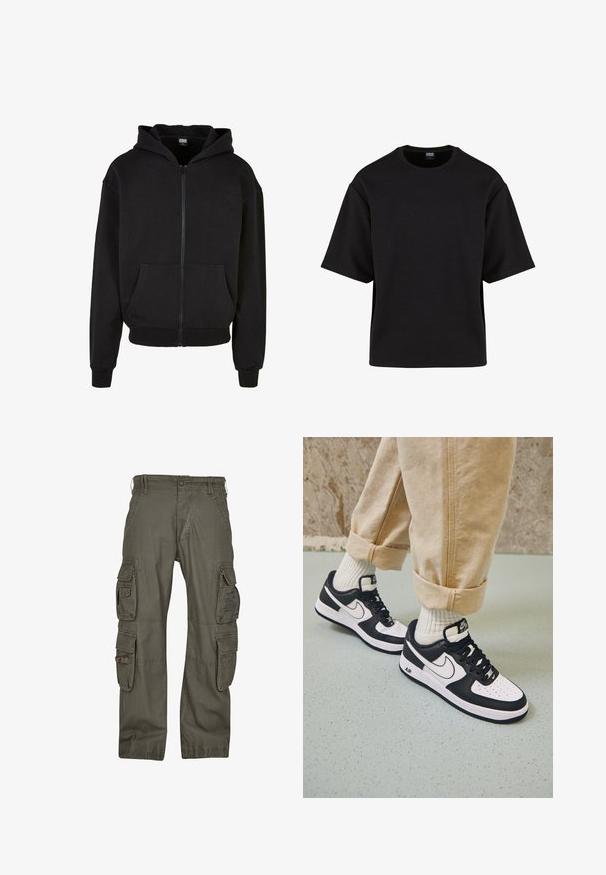 Haut à capuche zippé noir en mélange de coton. Présente une poche avant, des poignets côtelés et une capuche doublée. Texture douce, coupe décontractée.; Urban Classics SCUBA TEE - T-shirt basique - black; Pantalon cargo en coton vert olive, doté de multiples poches latérales, d'une coupe décontractée et de coutures renforcées pour une meilleure durabilité.; Baskets Nike Air Force 1 en noir et blanc avec un dessus en cuir, orteil perforé et détail de semelle texturée, portées avec un pantalon beige retroussé et des chaussettes blanches.