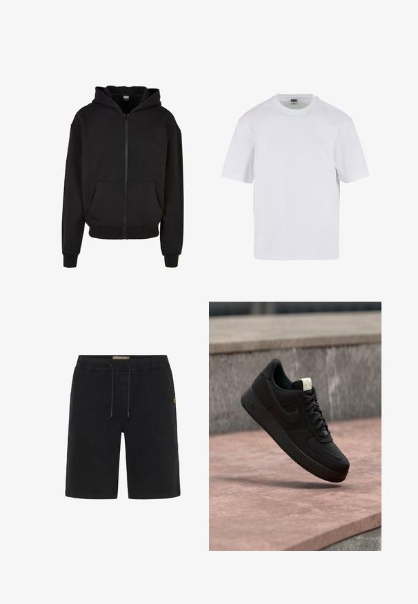 Haut à capuche zippé noir en mélange de coton. Présente une poche avant, des poignets côtelés et une capuche doublée. Texture douce, coupe décontractée.; T-shirt blanc à manches courtes en coton. Il présente un col rond et une coupe décontractée. Texture lisse, design minimaliste, sans motifs ni accents.; Shorts noirs avec cordon de serrage, taille élastique, deux poches latérales et une petite étiquette de marque sur la jambe droite. Matière en coton.; Baskets Nike Air Force 1 noires flottant au-dessus d’un rebord en béton rose avec un fond en pierre grise, montrant des détails latéraux et supérieurs.