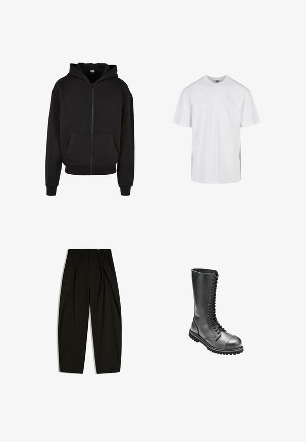 Schwarzer Reißverschluss-Hoodie aus Baumwollmischung. Mit einer vorderen Kängurutasche, gerippten Bündchen und einer gefütterten Kapuze. Weiche Textur, lockere Passform.; Schlichtes weißes T-Shirt mit kurzen Ärmeln und Rundhalsausschnitt in entspannter Passform, vor weißem Hintergrund dargestellt.; Schwarze, hoch taillierte, maßgeschneiderte Hose mit dezenten vertikalen Nadelstreifen und einer vorderen Falte, flach auf weißem Hintergrund präsentiert.; Schwarze Leder-Schnürkampfstiefel mit hohem Schaft, runder Zehenpartie, gepolstertem Kragen und strukturiertem Gummisohle für besseren Halt.