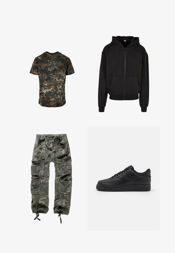 Schwarzer Reißverschluss-Hoodie aus Baumwollmischung. Mit einer vorderen Kängurutasche, gerippten Bündchen und einer gefütterten Kapuze. Weiche Textur, lockere Passform.; Tarnfarbenes T-Shirt aus Baumwolle mit einem mehrfarbigen Muster in Grün, Braun und Schwarz. Rundhalsausschnitt und kurze Ärmel.; Tarnfarben Cargo-Hosen aus Baumwolle, mit mehreren Taschen, elastischen Bündchen und einem lockeren Schnitt mit einem Kordelzugbund.; Nike Sportswear AIR FORCE 1 07 FLYEASE - Sneaker low - black