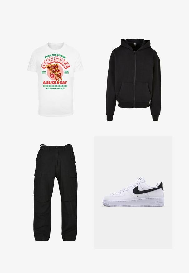 Zwarte ritshoodie gemaakt van een katoenmix. Voorzien van een voorvak met zakken, ribgebreide manchetten en een gevoerde capuchon. Zachte textuur, ontspannen pasvorm.; Witte t-shirt met een grafische print van een pizzapunt met pepperoni, vergezeld van kleurrijke tekst en een geruit patroon aan de onderkant.; Zwarte cargo broek van stevig materiaal. Beschikt over meerdere zakken, een ontspannen pasvorm en een ritssluiting met knoop. Verstevigde stiksels op de naden.; Witte leren sneaker met een gestructureerde zwarte Swoosh, platte veters en een rubberen zool met een geribbeld patroon. "AIR" is in de hak geperst.