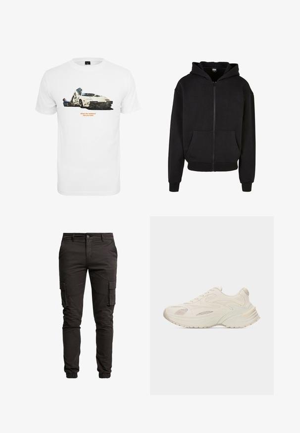 Sort zip-up hoodie lavet af bomuldsblanding. Udstyret med en frontlomme, ribbede manchetter og en foret hætte. Blød tekstur, afslappet pasform.; Hvid bomulds T-shirt med en bilillustration med to figurer, tekst der siger "Når weekenden rammer dig hårdt," og sat mod en simpel baggrund.; Sorte cargo bukser lavet af en blanding af bomuld, med sidelommer, elastiske manchetter, knaplukning og en glat, mat overflade.; Atletiksneakers i cremefarve med lag af læder og mesh-paneler, tyk sål med tekstureret mønster og snørelukning.