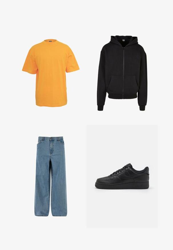 Zwarte ritshoodie gemaakt van een katoenmix. Voorzien van een voorvak met zakken, ribgebreide manchetten en een gevoerde capuchon. Zachte textuur, ontspannen pasvorm.; Oranje katoenen t-shirt met een ronde hals, korte mouwen en een relaxed fit. Geen patronen of accenten. Coffee textuur.; Jeans met wijde pijpen in lichtblauw. Voorzien van een knoop- en ritssluiting, vijf zakken en een vervaagde textuur voor een klassieke uitstraling.; Nike Sportswear AIR FORCE 1 07 FLYEASE - Sneakers laag - black