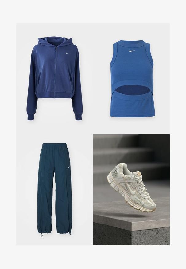 Mørkeblå zip-up hættetrøje lavet af blødt stof, med hætte, sidelommer og et lille hvidt logo på venstre bryst. Croppet design.; Blå ærmeløs Nike crop top med høj hals og udskæring ved maven, ribbet stof og hvid Swoosh-logo foran midt på.; Mørkeblå Nike sweatpants med løs pasform, elastisk talje og snoremanchetter. Har diskret logo-detalje på siden.; Lys beige løbesko med mesh-overdel, blød foring, gummisål og brune accenter. Har et markant side swoosh-logo og teksturerede paneler.