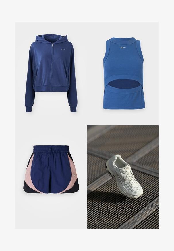 Námornícka modrá mikina na zips vyrobená z mäkkého materiálu, s kapucňou, bočnými vreckami a malým bielym logom na ľavej strane hrude. Skrátený strih.; Modrý bezrukávový crop top Nike s vysokým golierom a výrezom na bruchu, rebrovaná látka a biely logo Swoosh vpredu v strede.; Športové šortky Nike s elastickým pásom, s námorníckymi, ružovými a čiernymi panelmi. Vyrobené z ľahkej, textúrovanej látky.; Biele bežecké tenisky Nike s vrchom z mesh a syntetického materiálu ležiace na kovovej mriežke na podlahe v mäkkom prirodzenom svetle.