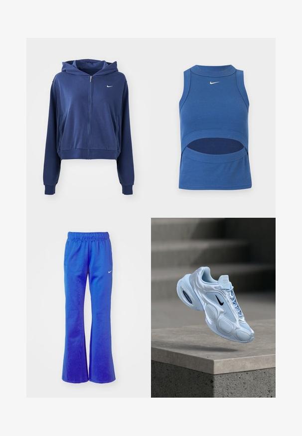 Námornícka modrá mikina na zips vyrobená z mäkkého materiálu, s kapucňou, bočnými vreckami a malým bielym logom na ľavej strane hrude. Skrátený strih.; Modrý bezrukávový crop top Nike s vysokým golierom a výrezom na bruchu, rebrovaná látka a biely logo Swoosh vpredu v strede.; Rozšírené športové nohavice v jasne modrej farbe, s elastickým pásom, dvoma bočnými vreckami a malým bielym logom na prednej strane.; Svetlomodrá športová obuv s sieťovinovými panelmi, zaobleným tvarom, textúrovanými detailmi a čiernym logom. Obsahuje viditeľné vzduchové odpruženie v podrážke.