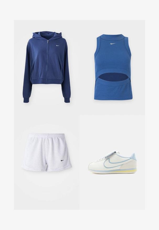 Námornícka modrá mikina na zips vyrobená z mäkkého materiálu, s kapucňou, bočnými vreckami a malým bielym logom na ľavej strane hrude. Skrátený strih.; Modrý bezrukávový crop top Nike s vysokým golierom a výrezom na bruchu, rebrovaná látka a biely logo Swoosh vpredu v strede.; Biele, rebrované športové šortky s elastickým pásom a malým čiernym logom Nike na dolnej ľavej strane. Jednoduchý, minimalistický dizajn.; Biele a svetlomodré tenisky Nike Cortez s vlnitými okrajmi na logu a žltým pruhom na podrážke, zobrazené v bočnom profile.